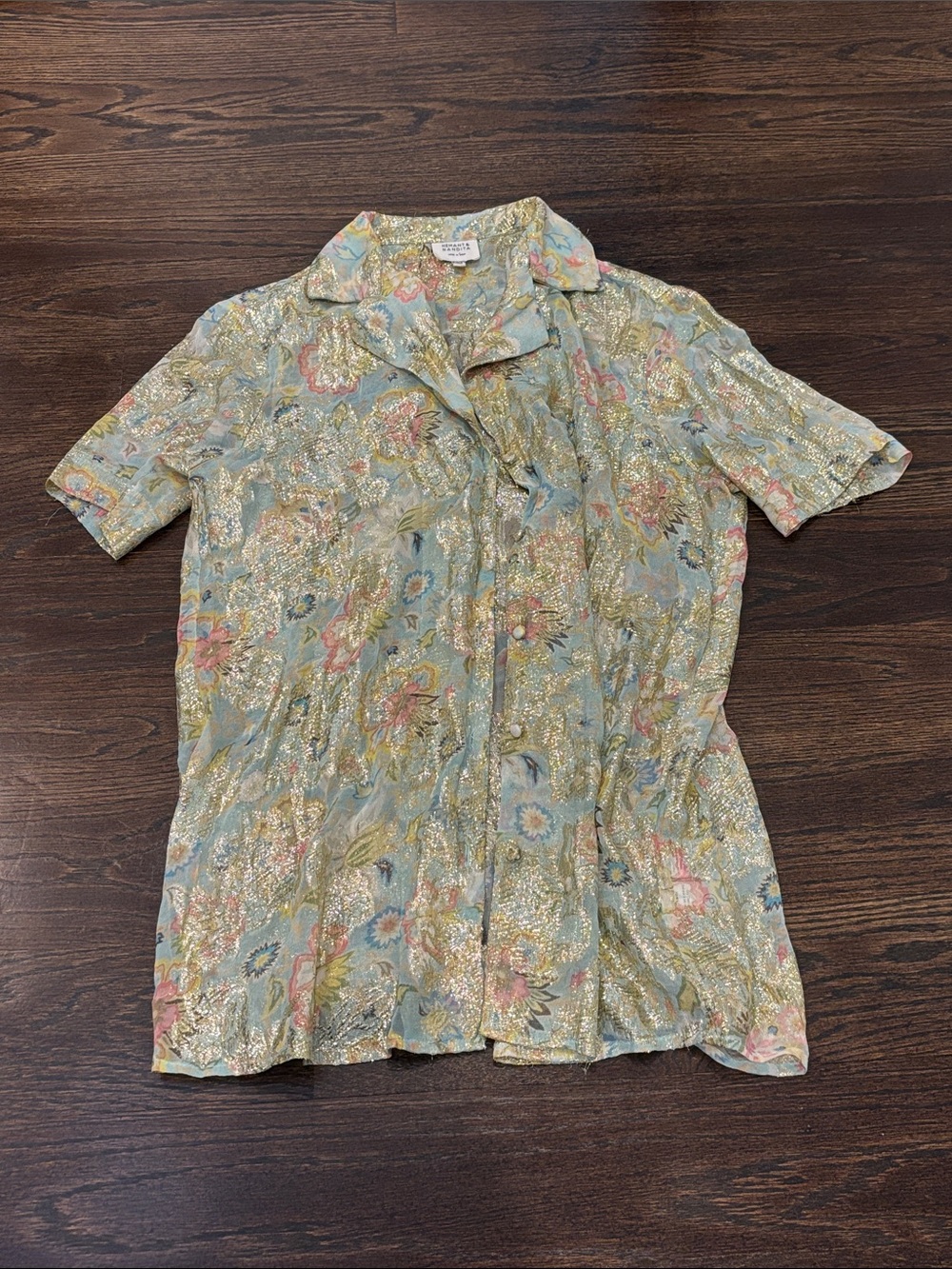 HEMANT & NANDITA Women’s Pale Blue Pink Floral Button-Down Shirt Size Small